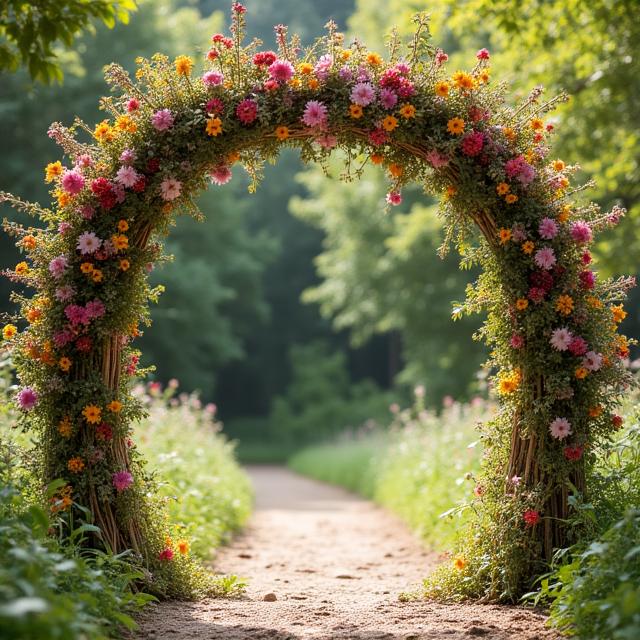Trouwboog gemaakt van takken en wilde bloemen
