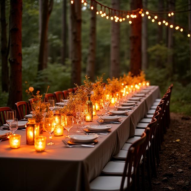 Lange dinertafel in het bos met lampionnen